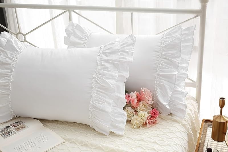 White Ruffled Pillow Shams Standard Twin Size Pillowcases Pure Cotton Pillow Covers 20"x26" 2-Pack