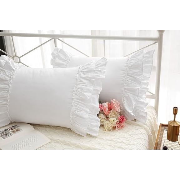 White Ruffled Pillow Shams Standard Twin Size Pillowcases Pure Cotton Pillow Covers 20"x26" 2-Pack