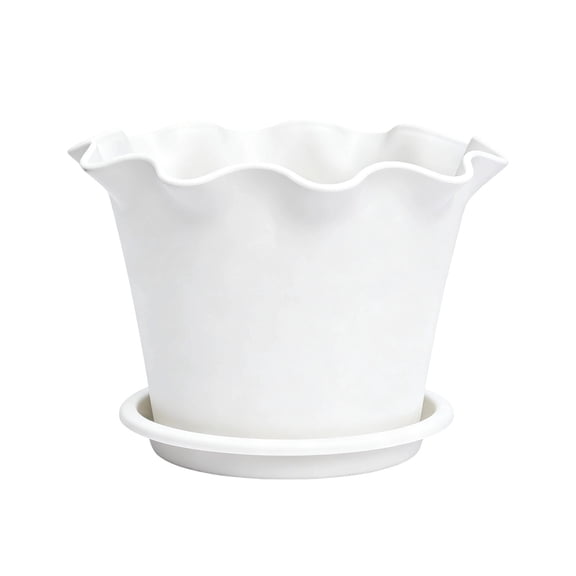 White Ruffled Plastic Flower Pot, Wave Edge Planter with Tray for Indoor & Outdoor Plants