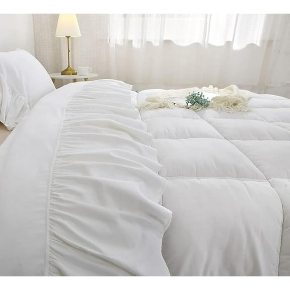White Ruffles Flat Sheet 100% Cotton Ruffled Top Sheet for Bed Queen Size 1 Piece
