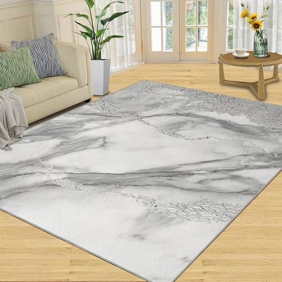 White Rug, Modern Marble Abstract Rug For Living Room, Comfortable Soft With Non-Slip Backing Ideal Washable Rug For Bedroom Under Dining Table Apartment 2x3ft