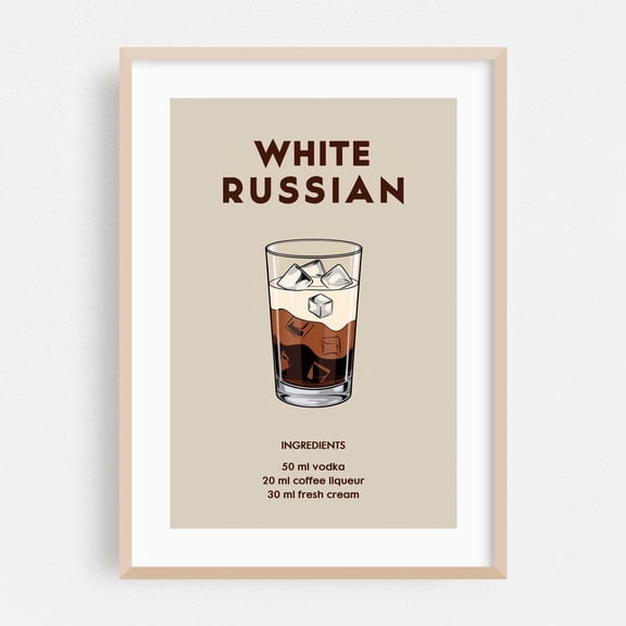 White Russian - California Illustration Cocktail Bar Typography Kitchen Decor Humor Modern Art Oak Framed Wall Art Print 5 x 7 inches