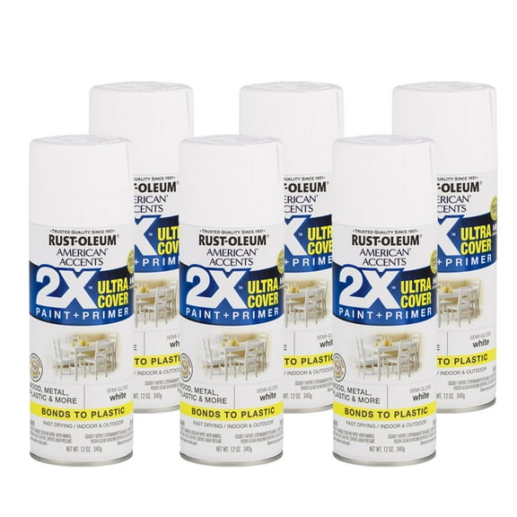 6 Pack, White, Rust-Oleum American Accents 2X Ultra Cover Semi-Gloss Spray Paint- 12 oz