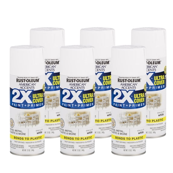 6 Pack, White, Rust-Oleum American Accents 2X Ultra Cover Semi-Gloss Spray Paint- 12 oz
