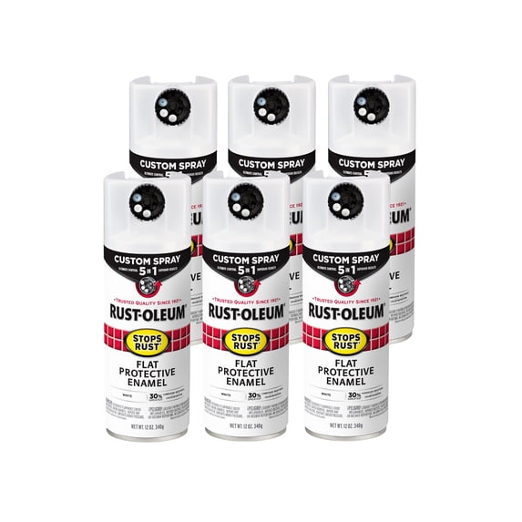 6 Pack, White, Rust-Oleum Stops Rust Custom Spray 5 in 1 Flat Spray Paint-376856, 12 oz