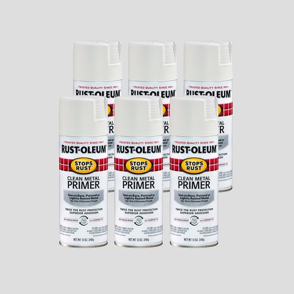 6 Pack, White, Rust-Oleum Stops Rust Flat Clean Metal Primer Spray- 12 oz