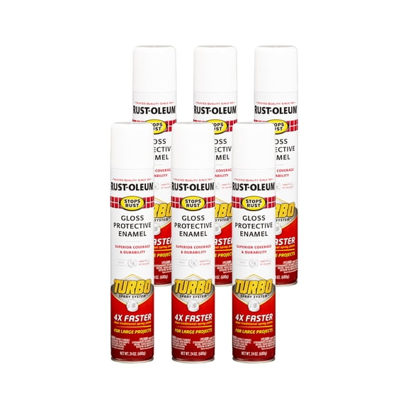 6 Pack, White, Rust-Oleum Stops Rust Gloss Turbo Protective Enamel Spray Paint-334133, 24 oz