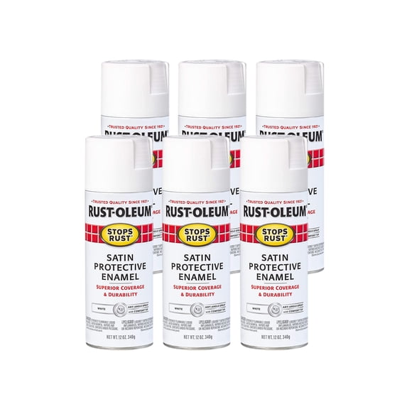 White, Rust-Oleum Stops Rust Satin Protective Enamel Spray Paint, 12 oz, 6 Pack