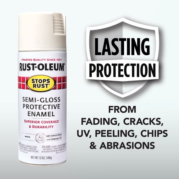 White, Rust-Oleum Stops Rust Protective Enamel Semi-Gloss Spray Paint-7797830, 12 oz