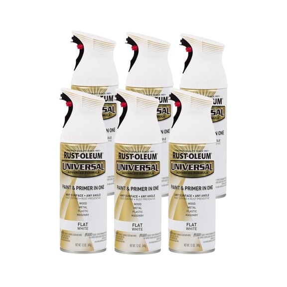 6 Pack, White, Rust-Oleum Universal All Surface Interior/Exterior Flat Spray Paint-247564, 12 oz