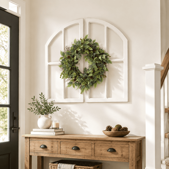 White Rustic Arch Window Frame Wooden Wall Sculpture, 30 Inch Tall