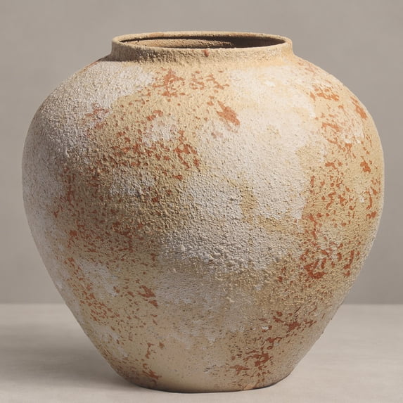 Beige Rustic Large Round Metal Vase for Table Centerpieces, 11 Inch Textured Iron Vase with Distressed Pottery Look, Modern Farmhouse Decor