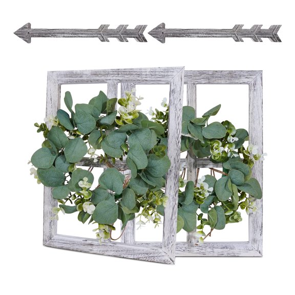 White Rustic Wood Window Frame and Wreath Wall Decor Set
