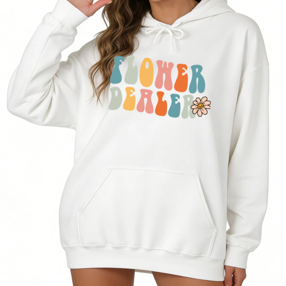White S-2XL Graphic Sweatshirt Dopamine Color Flower Dealer Print Hoodie Women Bazaar Visit Tops