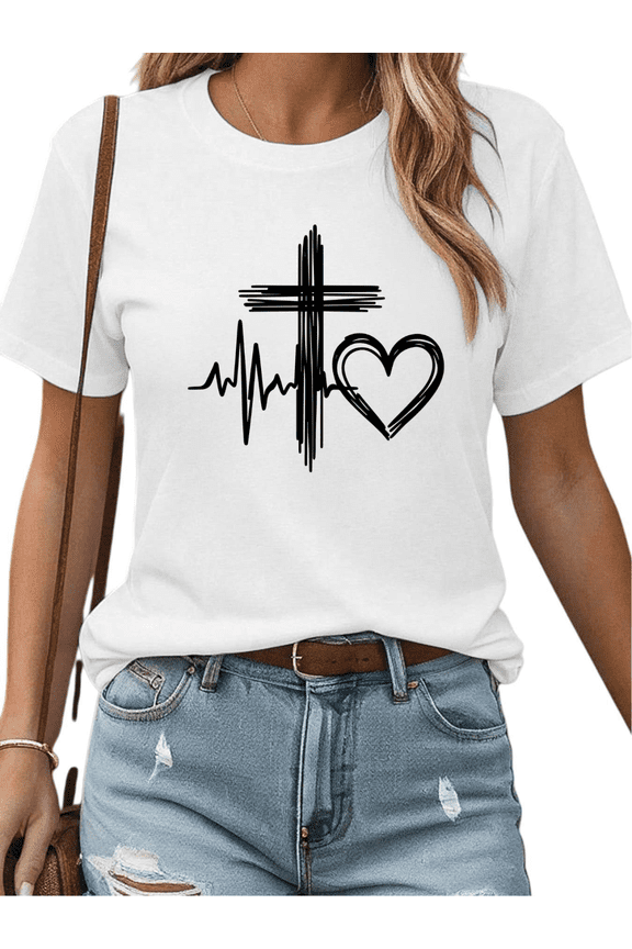 White S-5XL Cafe Hopping Minimalist Cross EKG Print Tshirt Graphic Tees Shirts Women Coffee Run Casual Tops