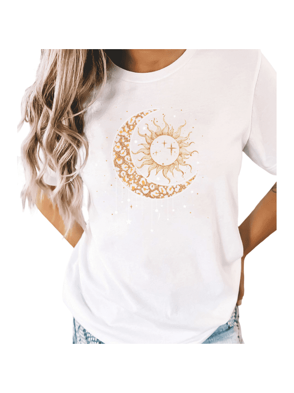 White S-5XL Leopard Print Sun Moon Celestial Print Tshirt Graphic Tees Shirts Boho Mystical Tops