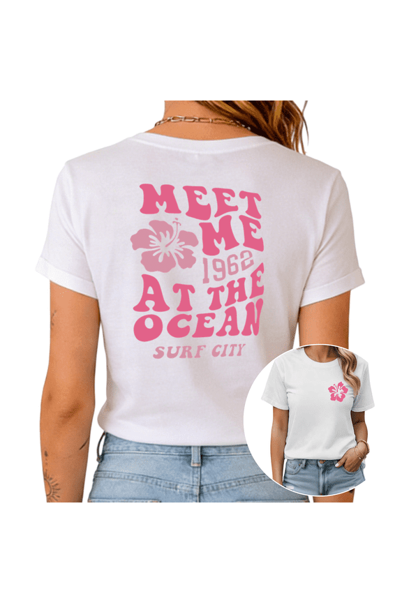 White S-5XL Pink Hibiscus Ocean Print Tshirt Graphic Tees Shirts Beach Aesthetic Fashion Tops