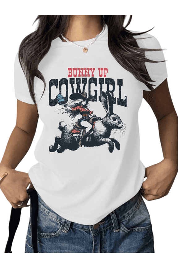 White S-5XL Ranch Bonfire Night Ready Whimsical Western Art Bunny Cowgirl Graphic T shirt Graphic Tees Shirts Women Daily Tops