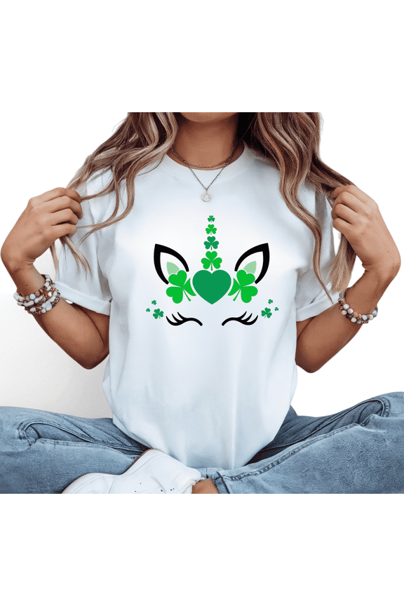 White S-5XL&nbsp;Cute Style Heart Clover Unicorn Print Tshirt Graphic Tees Shirts St. Patrick's Day BFF Light Sweet Street Shot Tops