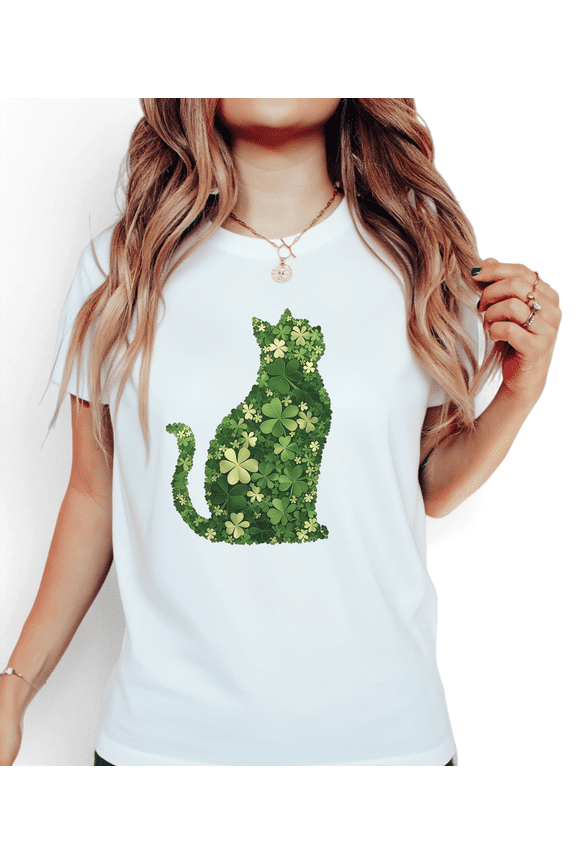White S-5XLElegant Clover Cat Silhouette Print Tshirt Graphic Tees Shirts St. Patrick's Day Literary Cat-Themed Caf Check-in Tops