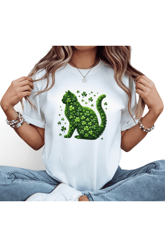 White S-5XL&nbsp;Forest-Style Clover-Clustered Cat Print Tshirt Graphic Tees Shirts St. Patrick's Day Outdoor Light Camping Spring Check-in Tops