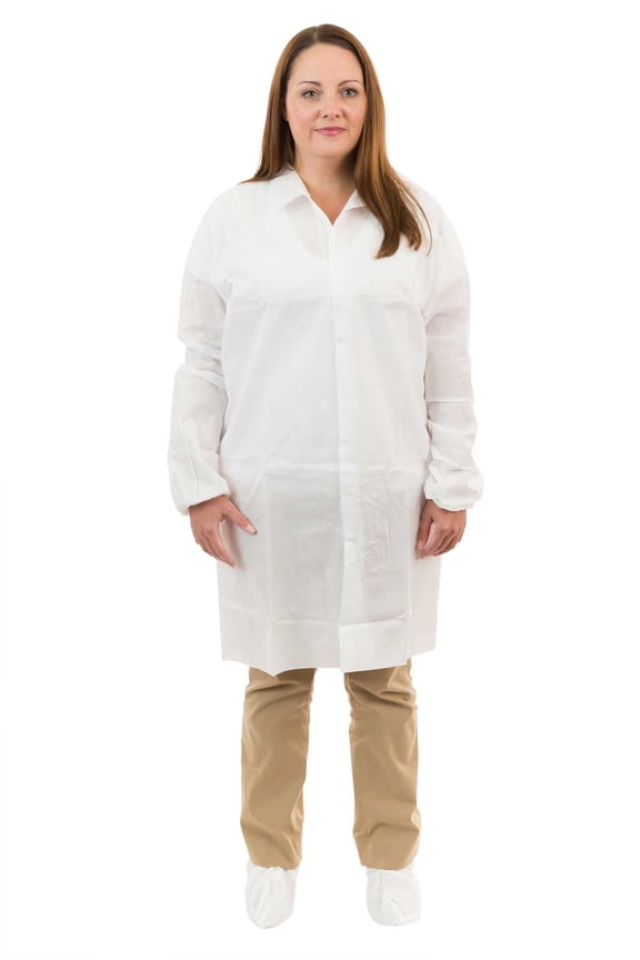 White SMS Lab Coat, No Pockets, Standard Collar, Elastic Wrist
