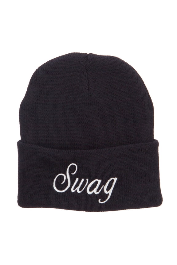White SWAG Embroidered Long Beanie - Black OSFM