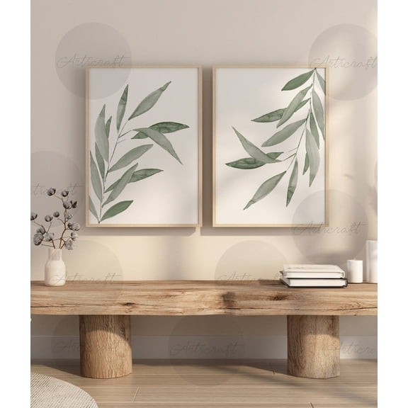 White Sage Bamboo Leaf Prints Set Of 2, Watercolor Botanical Wall Art