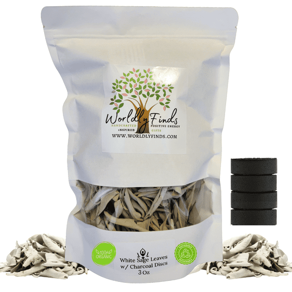 White Sage Clusters Loose Leaves with Charcoal Discs for Easy Burning, Smudging, Energy Cleansing, 100% Pure Organic & Sustainable (3oz)