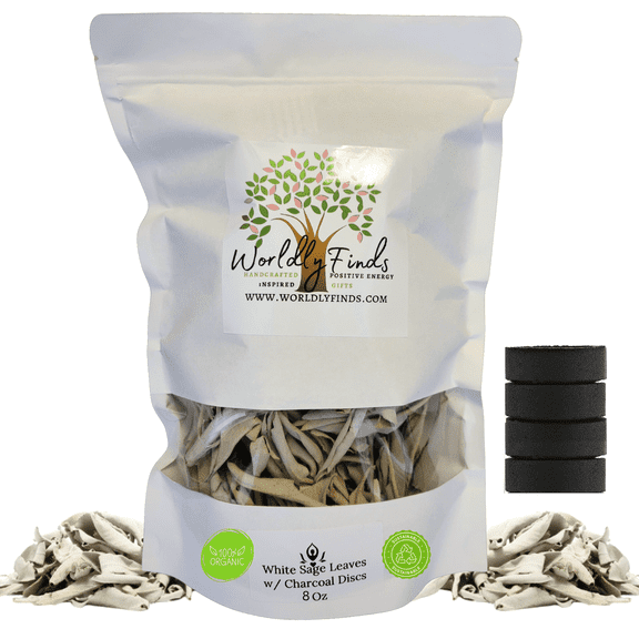 White Sage Clusters Loose Leaves with Charcoal Discs for Easy Burning, Smudging, Energy Cleansing, 100% Pure Organic & Sustainable (8oz)