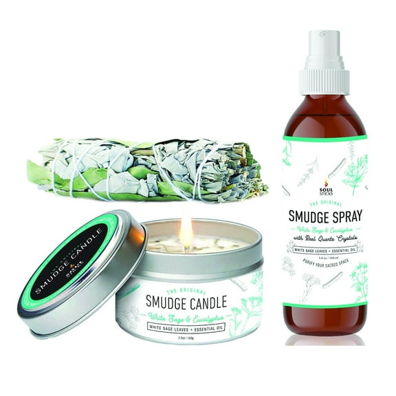 White Sage and Eucalyptus Set Smudge Spray, Candle & White Sage and Eucalyptus Smudge Stick Bundle | for Cleansing, Meditation, Chakra Healing, Aromatherapy | with Crystals and Herbs