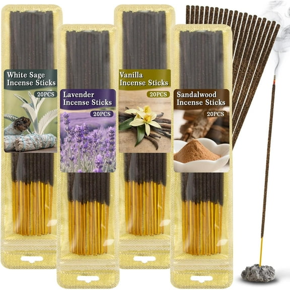 White Sage Incense Sticks - 80 PCS Sandalwood Incense Sticks Natural,Lavender Vanilla Stick,4 Scents Without Incense Holder,Meditation Spiritual Cleansing Gift Set Indian Scented Style