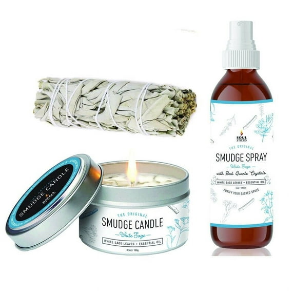 White Sage Set Smudge Spray, Candle & White Sage Smudge Stick Bundle | for Cleansing, Meditation, Chakra Healing, Aromatherapy | with Crystals and Herbs