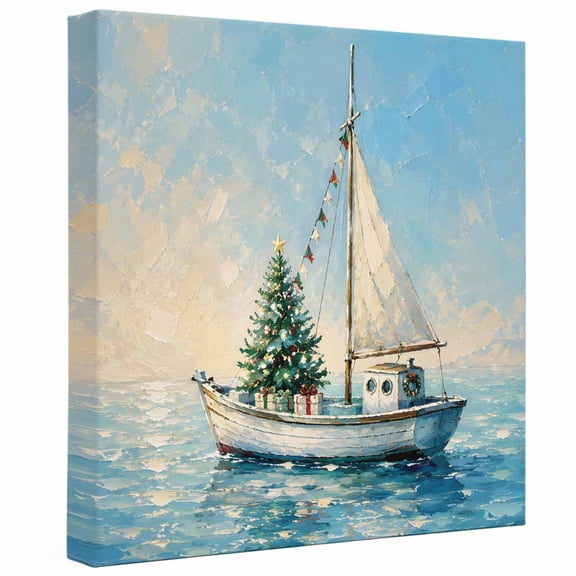 White Sailboat Canvas Wall Art Framed Wall Decor for Living Room Bedroom Bathroom, Coastal Christmas Tree Ocean Oil Painting Texture Canvas Pictures Ready to Hang Decor, 8"x8"
