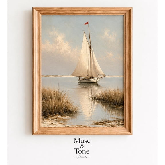 White Sailboat Marsh Print, Unframed Paper Poster 8x10in