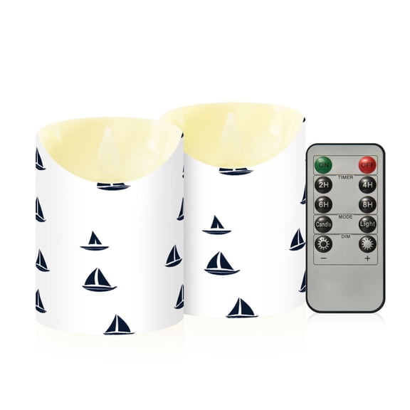 White Sailboat Pattern Flameless Candles 2 PCS with Remote Realistic Moving Flame LED Tapered Pillar Set for Home Decor