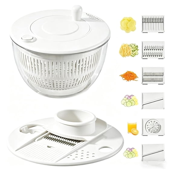 White Salad Spinner Large 5.3 Qt with 5 Blades, Vegetable Chopper Washer Dryer Bowl Lettuce Spinner Kitchen Gadget Colander Minimal Style Modern Kitchen