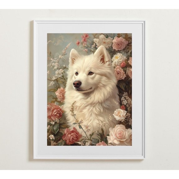 White Samoyed Wall Art, Retro Puppy Print, Preppy Room Decor, Vintage Pet Poster, Cute Trendy Puppy Prints,Animal Wall Art, Modern Wall Decor, 12x18 UNFRAMED