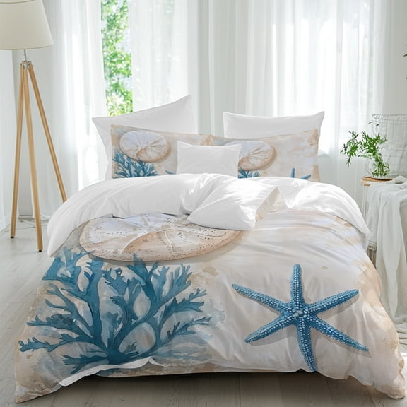 White Sand Money Duvet Cover Set Queen Size, Blue Starfish Coral 4 Piece Soft Microfiber Bedding Set with 1 Duvet Cover, 1 Flat Sheet, 2 Pillowcases