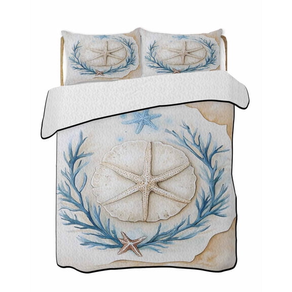 White Sand Money Quilts Bedding Set Full Size Blue Starfish Coral Lightweight Quilted Bedspread 3 Piece Bed Quilt with 2 Pillow Shams All Season for Bedroom 68" x 98"