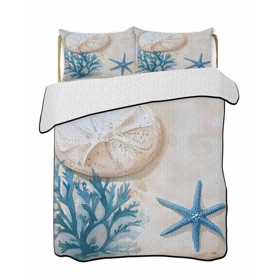 White Sand Money Quilts Bedding Set Queen Size Blue Starfish Coral Lightweight Quilted Bedspread 3 Piece Bed Quilt with 2 Pillow Shams All Season for Bedroom 78" x 90"