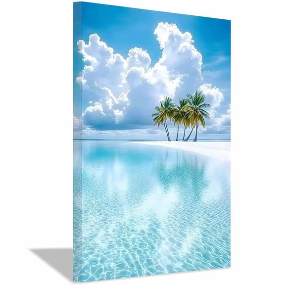 White Sand Palm Tree Beach Canvas Wall Art,Turquoise Ocean Prints Painting,Minimalist Tropical Wall Decor for Living Room Bedroom Bathroom Home Decor,Framed Ready to Hang-18"L x 12"W