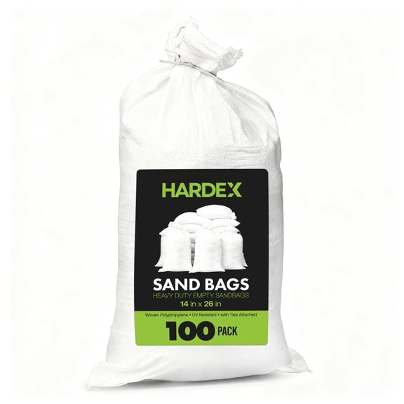 White Sand bags with Ties 14" x 26" (Pack of 100) - Sand bags for Flooding, Woven Polypropylene Sandbags, 50 lbs Capacity, White