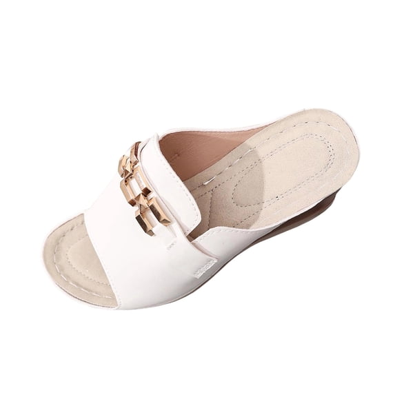 White Sandals For Women Wedge Heel Mules Slip-On Open-Toe Design Metal Buckle Accents Comfortable Spring And Summer Casual Sandals Size 37