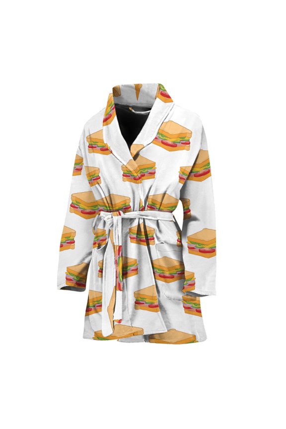White Sandwiches Pattern Women Bathrobe One Size Univeral Fits Fashion Lightweight Plush Fleece Long Robe For Women