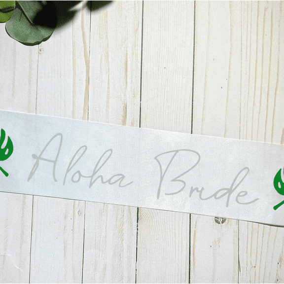 White Satin Aloha Bride Sash Silver Grey Script Print Green Tropical Monstera Leaf Beach Wedding Bridal Shower Sash 1pc