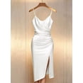 thumbnail image 1 of White Satin Bodycon Dress With Pearl-Embellished Spaghetti Straps, Crossover Neckline, Ruched Waist And Side Slit, 1 of 5