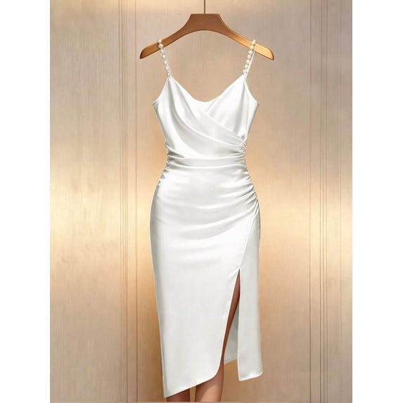 White Satin Bodycon Dress With Pearl-Embellished Spaghetti Straps, Crossover Neckline, Ruched Waist And Side Slit