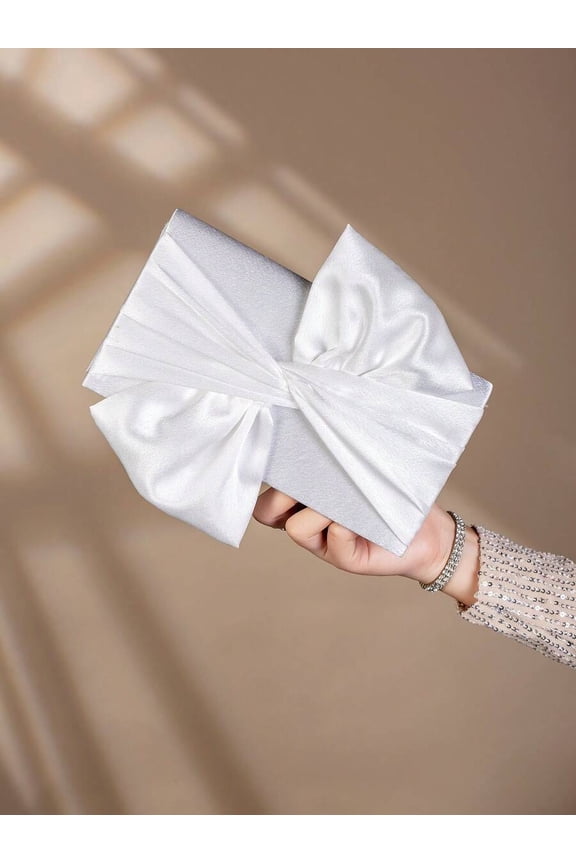 White Satin Bow Clutch Evening Handbag For Formal Events