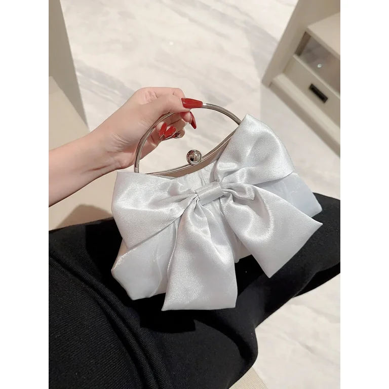 White Satin Bow Fairy Evening Bags Clutch Metal Handle Handbags for Women Wedding Party Bridal Clutches Purse Chain Shoulder Bag Walmart